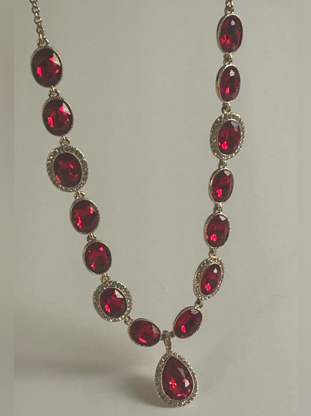 Vintage Monet Ruby Red Crystal Halo Necklace & Earring Set - Picture 3 of 15
